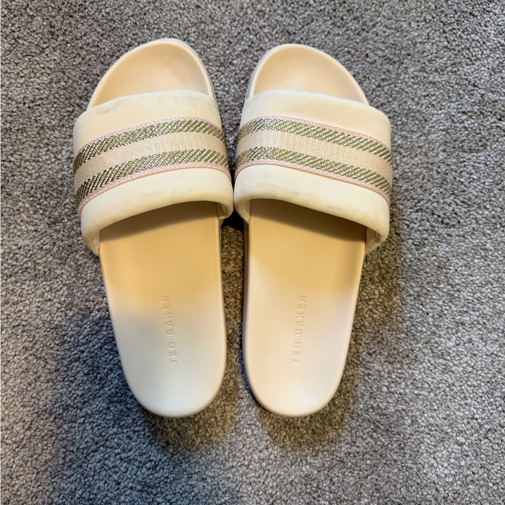 Ted Baker Cream Slide Sandals with Gold & Pink Stripe Detail